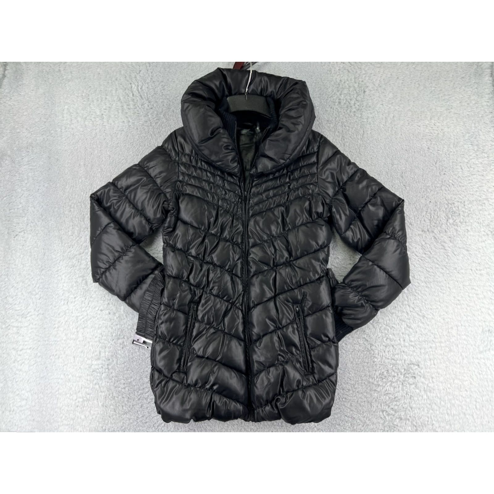 Vintage Love Token Jacket Womens XS Black Puffer Long Zip Belted Full Zip Hooded Quilted Solid Polyester Jacket Size XS / US 0-2 / IT 36-38 - 2 Thumbnail