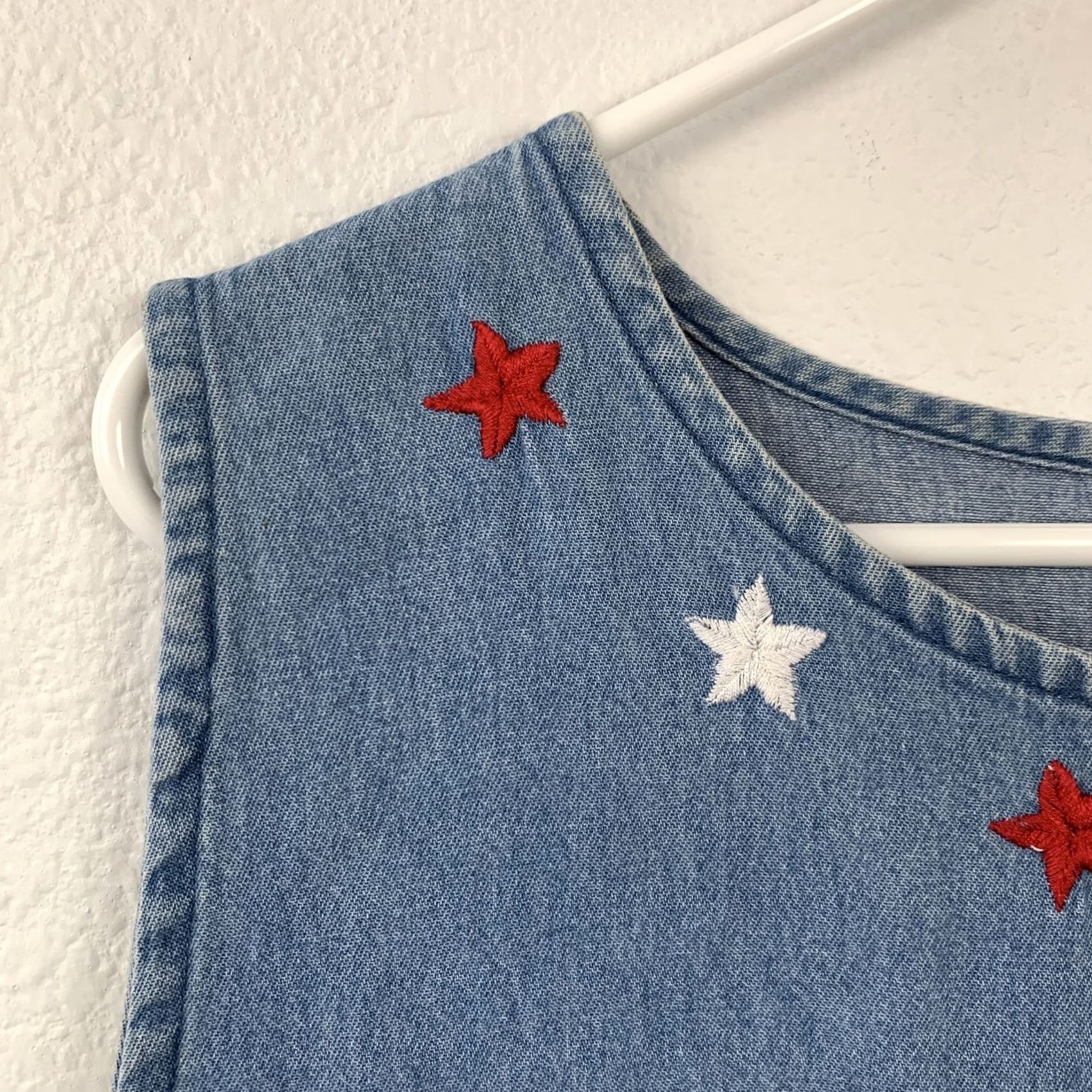 Vintage Roaman's Plus Size 20W Denim Shift Dress American Flag Stars 4th Of July Sequin Embroidered Button Geometric Star USA Patriotic Womens Dress Size 3XL / US 20-22 - 4 Thumbnail