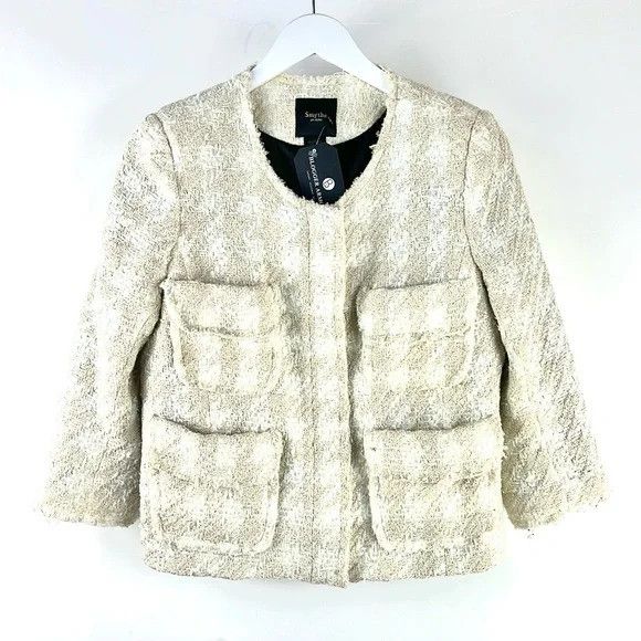 image of Smythe Ss/13 Beige Houndstooth Lame Boucle Tweed Zip Jacket, Women's (Size Medium)