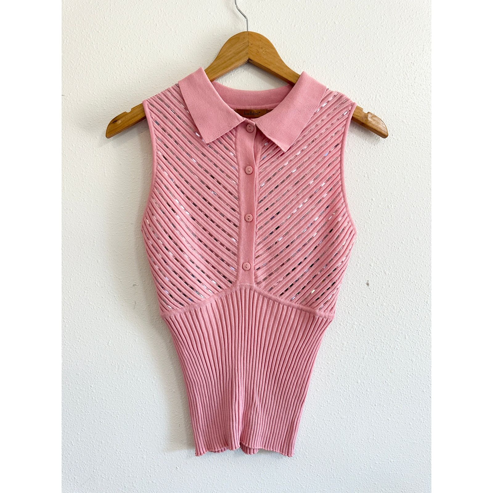 Other Y2K Sequin Pink Stretch Collared Tank Top Size L / US 10 / IT 46 - 2 Thumbnail
