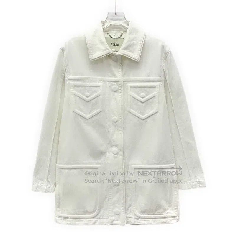 Fendi White pocket embossed cotton collar single-breasted