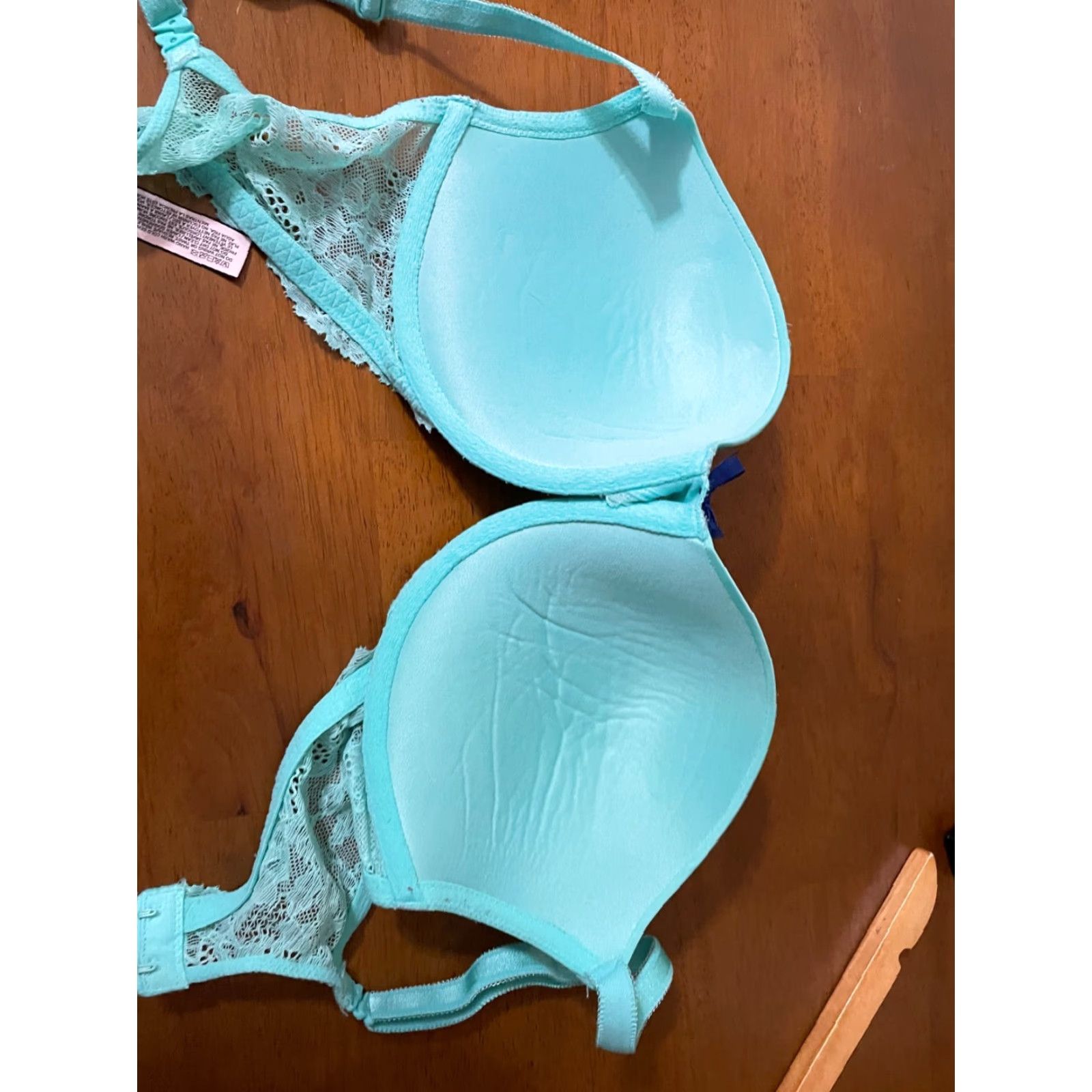 Victoria's Secret VICTORIA'S SECRET DREAM ANGELS PUSH UP Bra Teal 34DD Blue Lace 34DD Womens Underwired Padded Adjustable Back Closure Full Coverage Rhinestone Size ONE SIZE - 4 Thumbnail