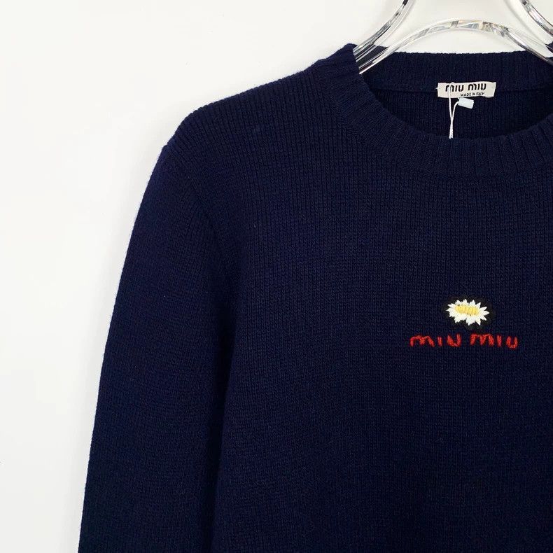 Prada Miu Miu Navy Wool Sweater with Embroidery-2506 Size S / US 4 / IT 40 - 3 Thumbnail