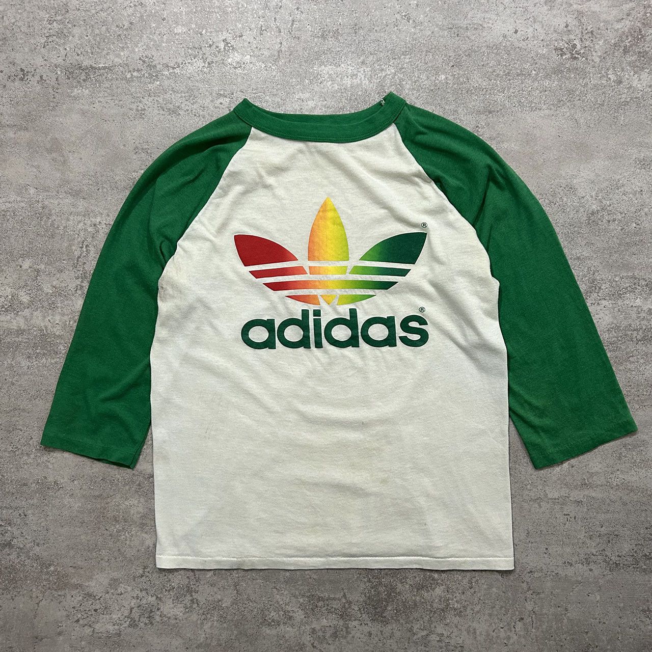 VTG 80s ADIDAS RAINBOW LOGO TREFOIL RAGLAN SHIRT SIZE M USA
