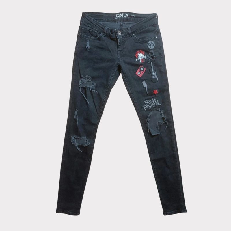 Other Only czarne damskie jeansy skinny naszywkami rock 2934 Size 29" - 1 Thumbnail