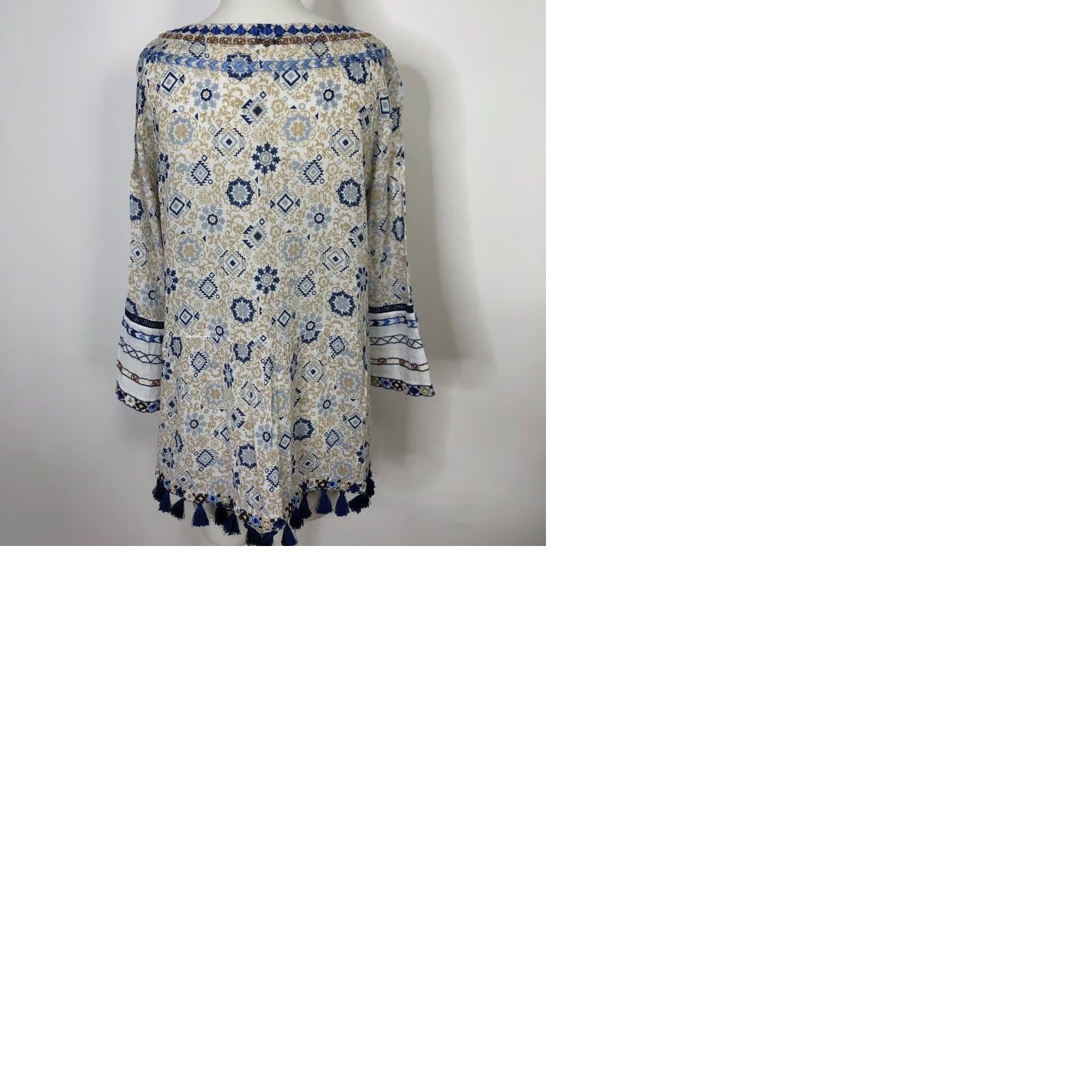 J. Jill J.Jill Blouse Shirt Tassel Boho Flowy All Over Print Button Top Pullover V-Neck Boat Neck MINT Multicolor Geometric Satin Size M / US 6-8 / IT 42-44 - 11 Thumbnail