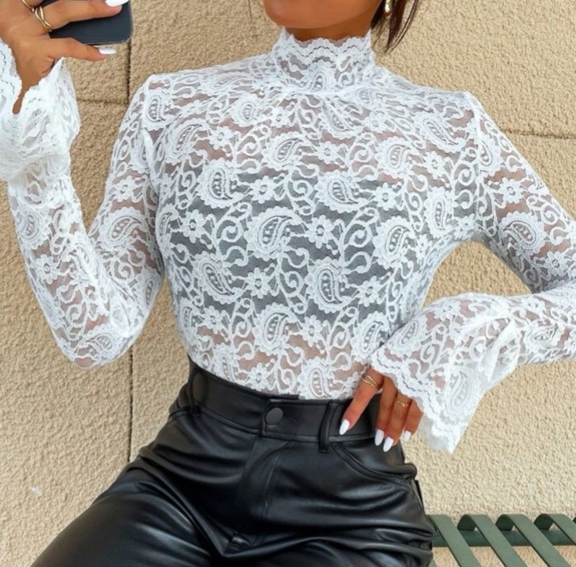 Designer × Other NWT, Lavishly Paris Women’s White Lace Mock Neck Size M / US 6-8 / IT 42-44 - 10 Thumbnail