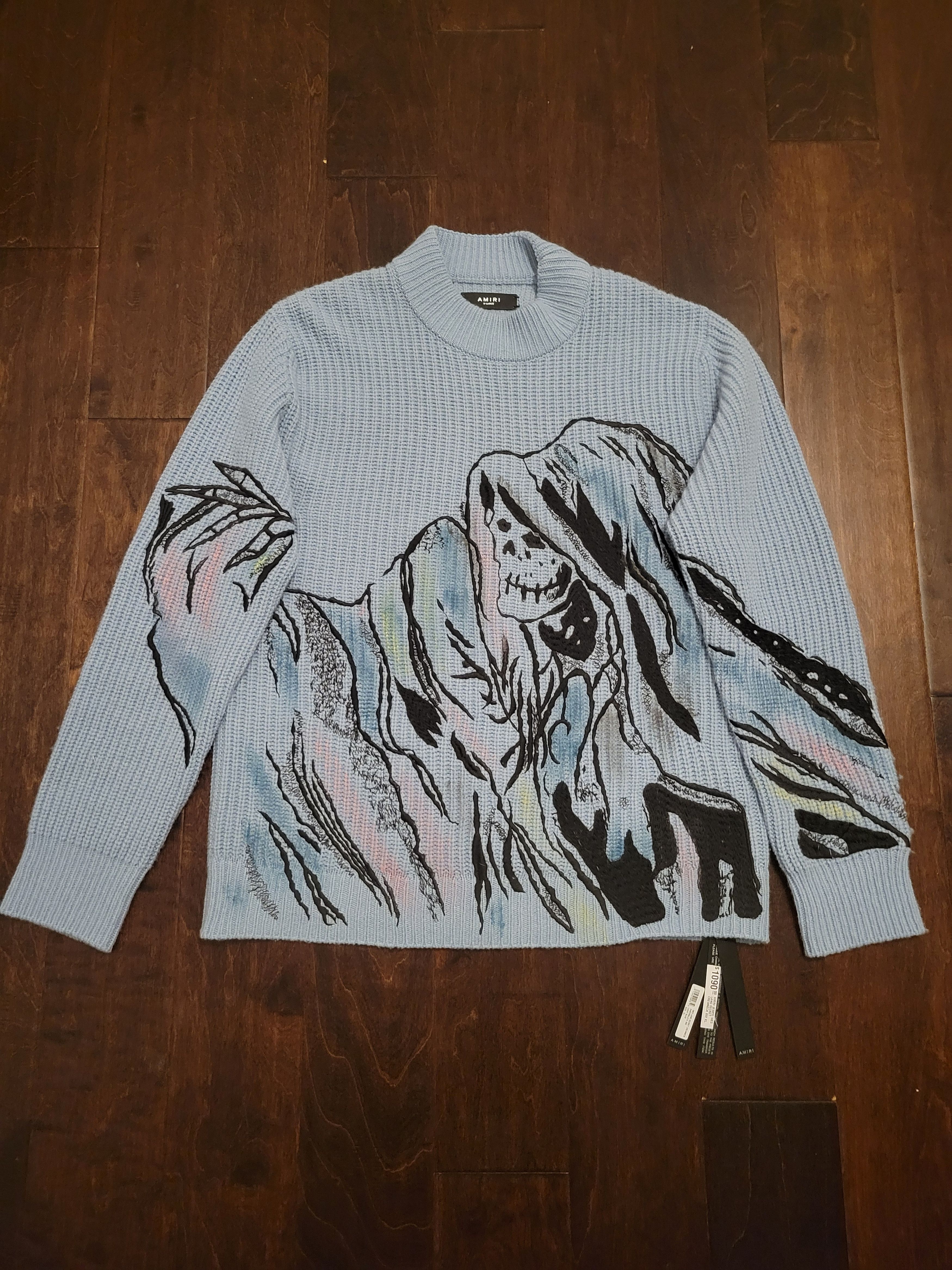 image of Amiri Wes Lang Blue Secret History Knit Skull Sweater, Men's (Size XL)