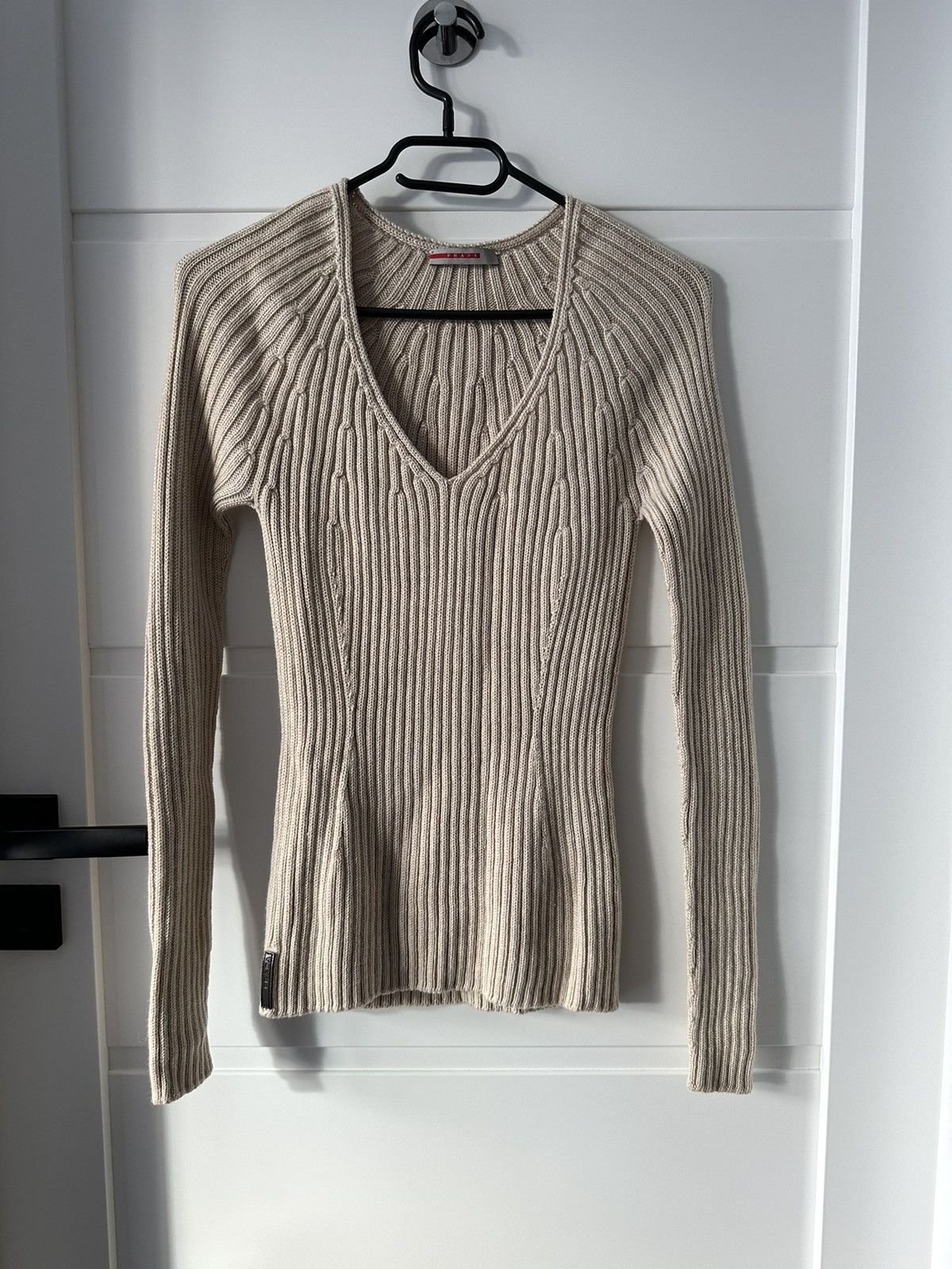 image of Prada Ribbed Knit Wool V Neck Jumper Sweater in Beige, Women's (Size Medium)