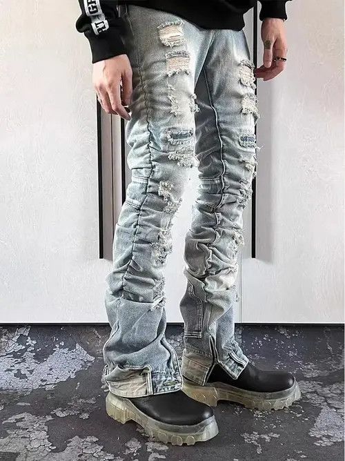 Jean Vintage washed blue ripped pleated street hip hop jeans Size US 32 / EU 48 - 2 Thumbnail
