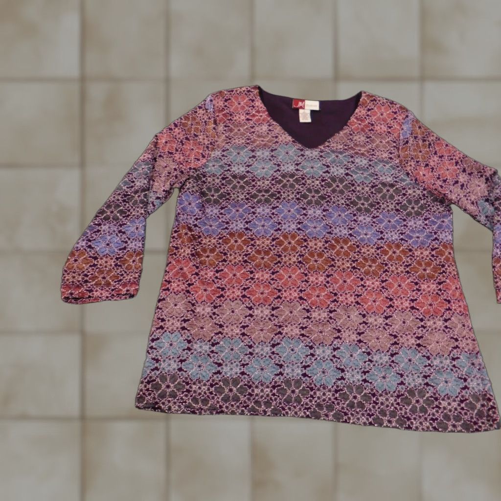 JM Collection JM Collection Blouse Shirt Womens L Purple Geometric Crew Neck Pullover Cap Sleeve Polyester Spandex Rayon Casual Basic Stretch Vintage: No 18-12-23 Size L / US 10 / IT 46 - 1 Thumbnail