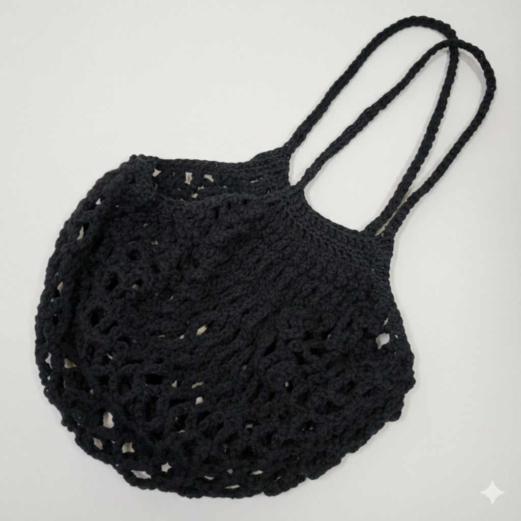Handmade Handmade Black Net Bag Farmers Market Crochet French Sack Size ONE SIZE - 4 Thumbnail