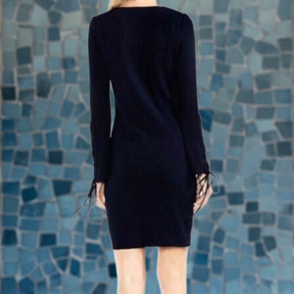 Vince Camuto Vince Camuto Dress XS Womans Navy Ribbed Knit Bodycon Sheath Lace-Up Long Sleeve