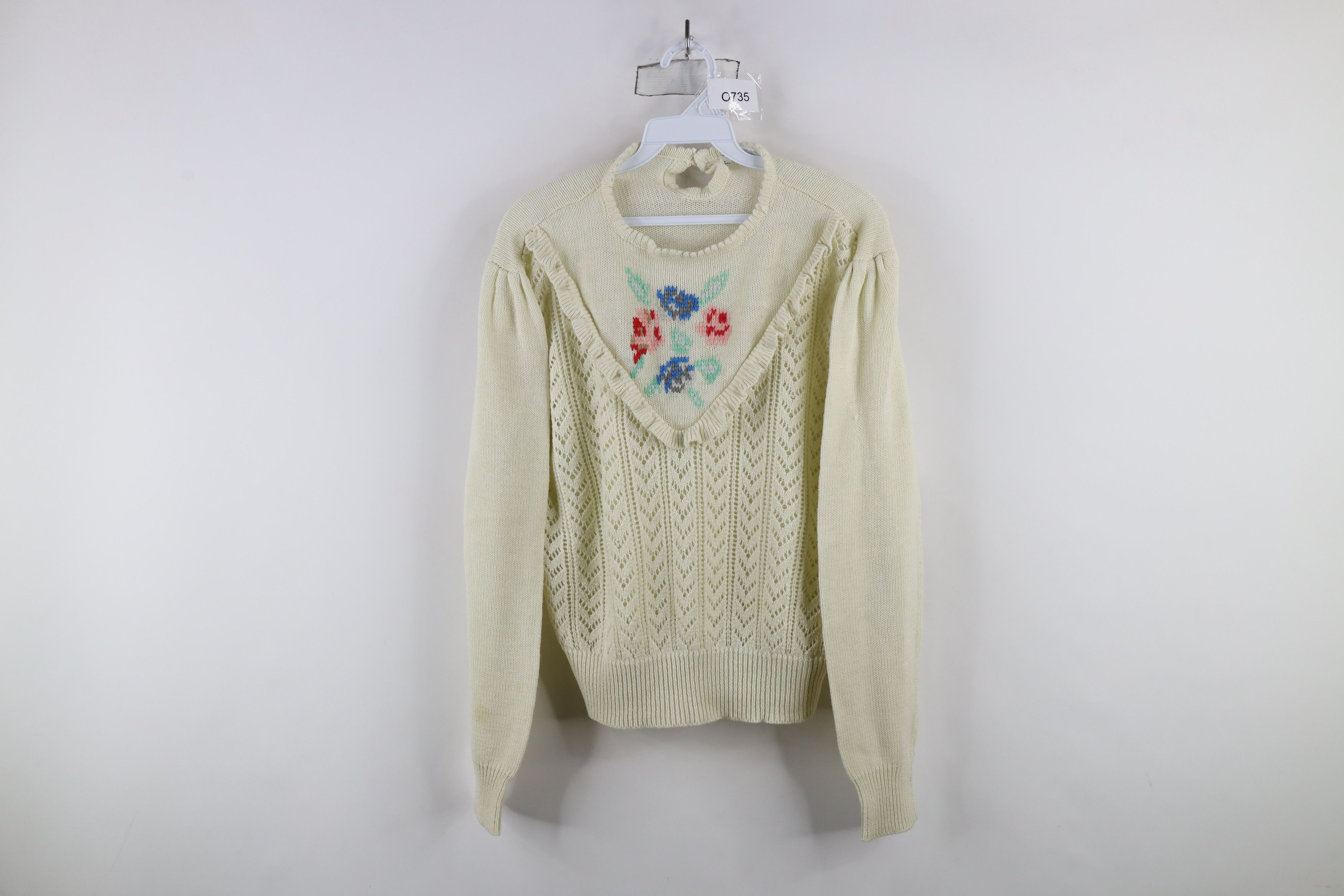 Vintage Vintage 70s Streetwear Ruffled Flower Knit Sweater Beige Size L / US 10 / IT 46 - 1 Thumbnail