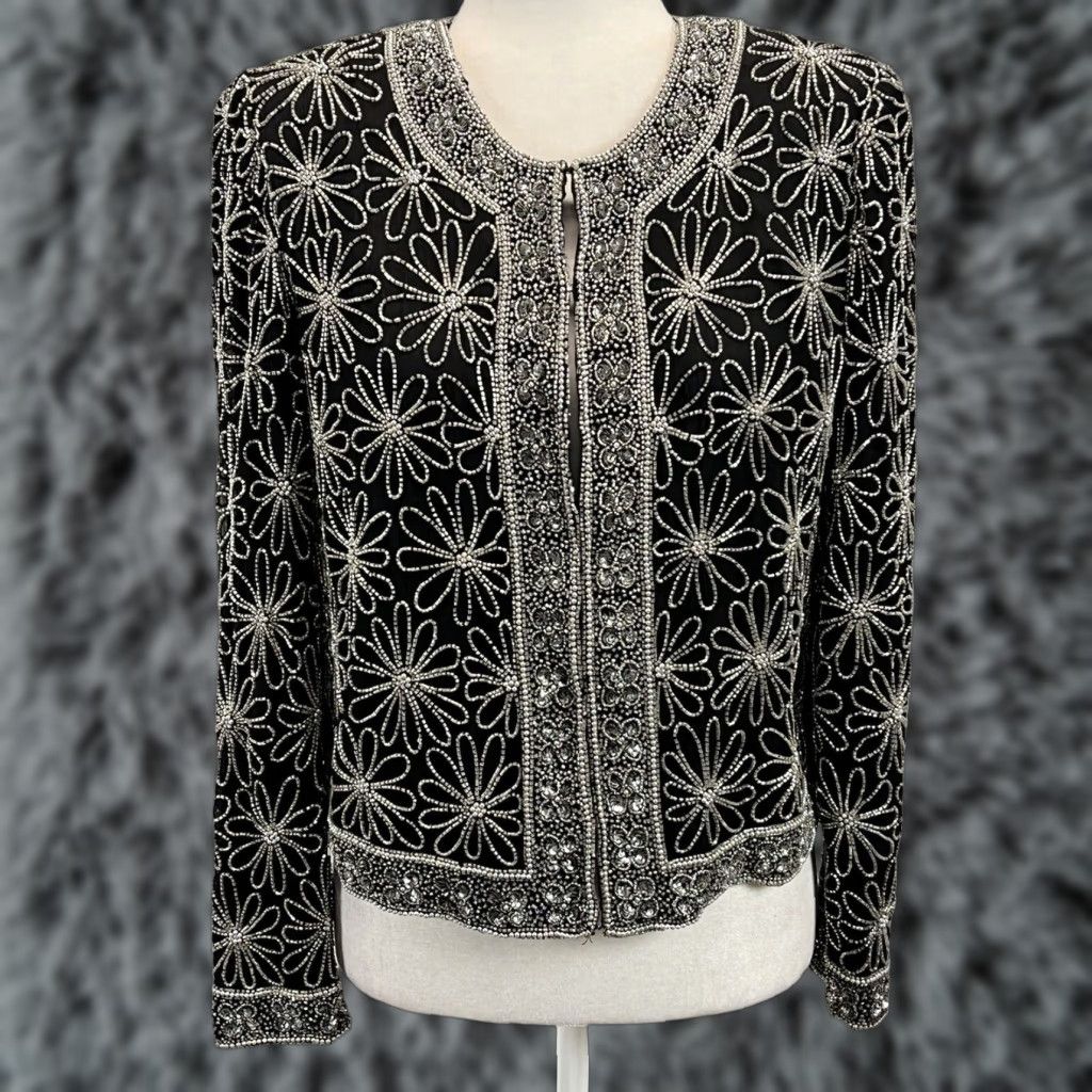 Vintage VINTAGE Scala Beaded Silk Jacket Womens Black Formal Evening 1980s Flower Pattern M Size M / US 6-8 / IT 42-44 - 1 Thumbnail