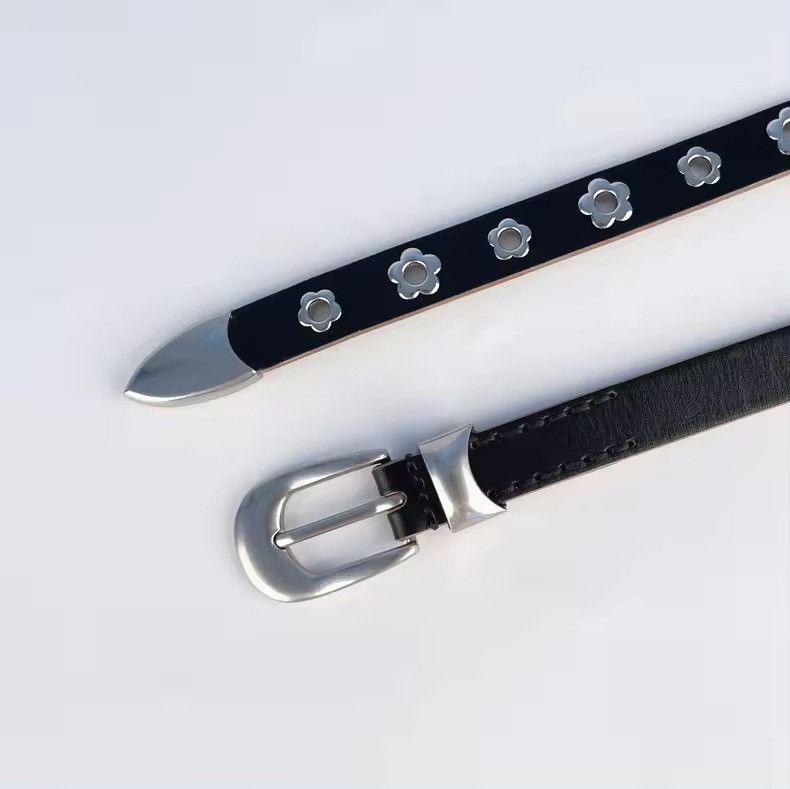 Leather × Vintage Women Flower Stud Rivet Hole Belt Size ONE SIZE - 6 Thumbnail