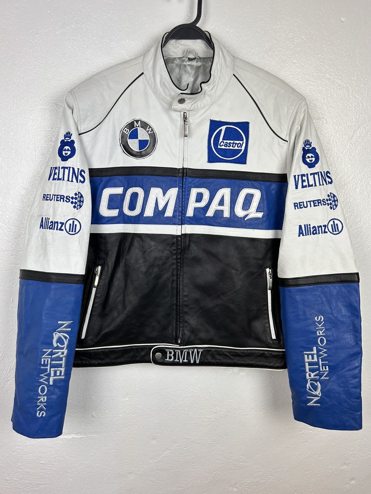 image of 90's Vintage Bmw Castrol Compaq Formula Racing Leather Jacket in Black/Blue/White, Men's (Size Larg