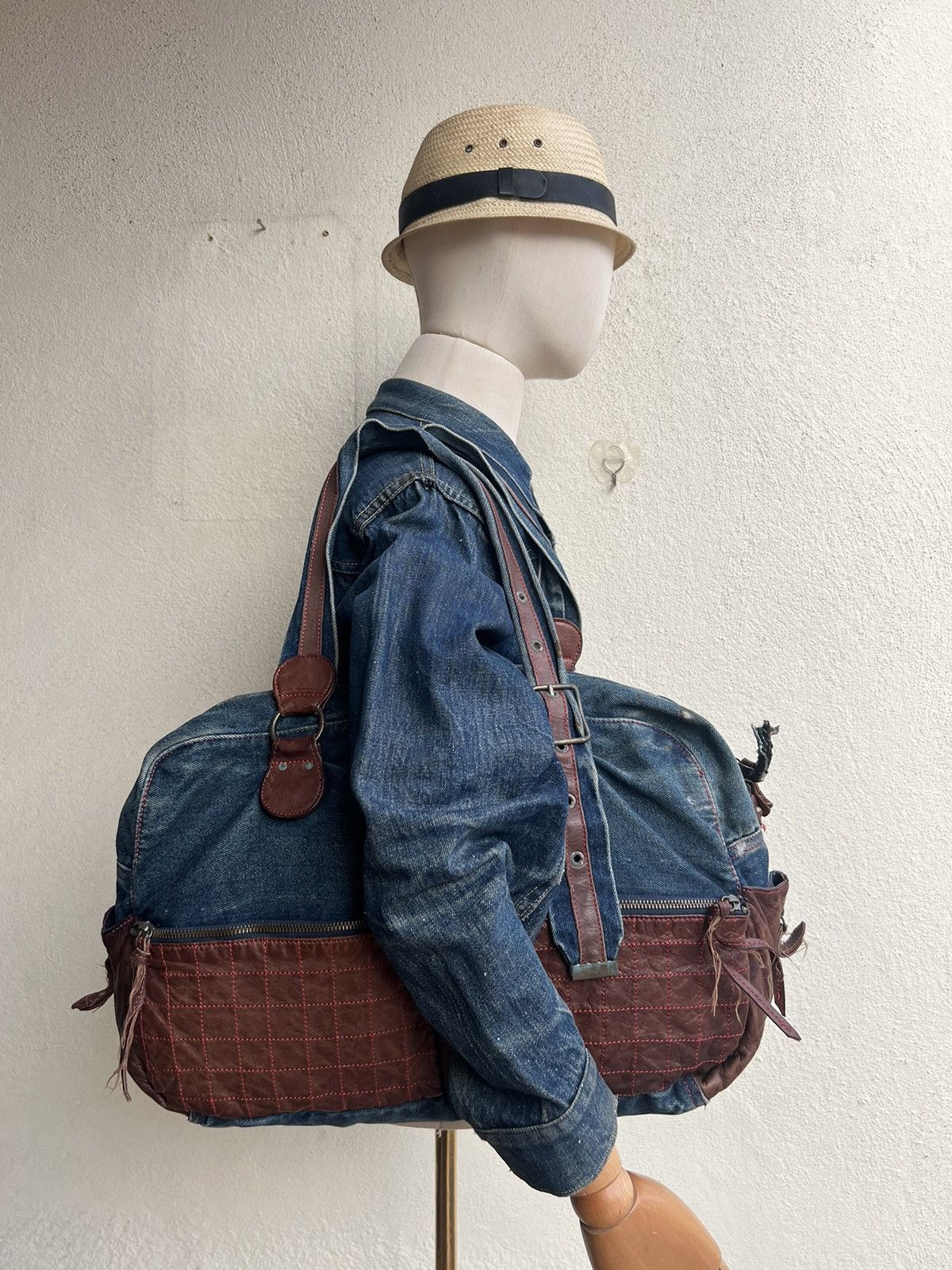 Vintage And A Japan Distress Fade Denim Cowhide Leather Large Bag Size ONE SIZE - 1 Thumbnail