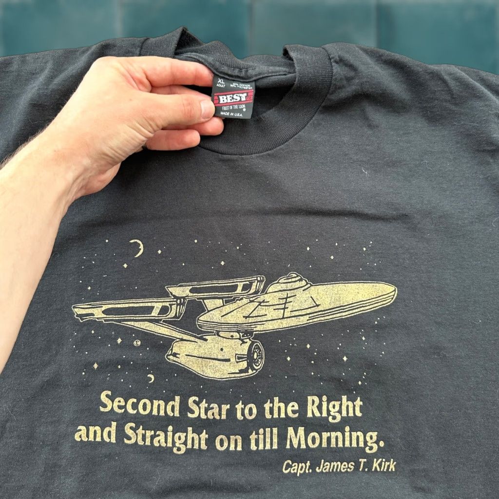 VINTAGE Star Trek T-Shirt XL Black Crew Neck Short Sleeve James T Kirk USA 90s Rare Promo Fruit of the Loom Mens Graphic Print Spaceship Shirt