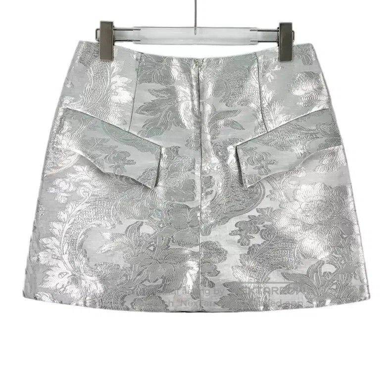 Louis Vuitton Louis Vuitton Silver floral embossed A-line skirt Size 37" - 1 Thumbnail