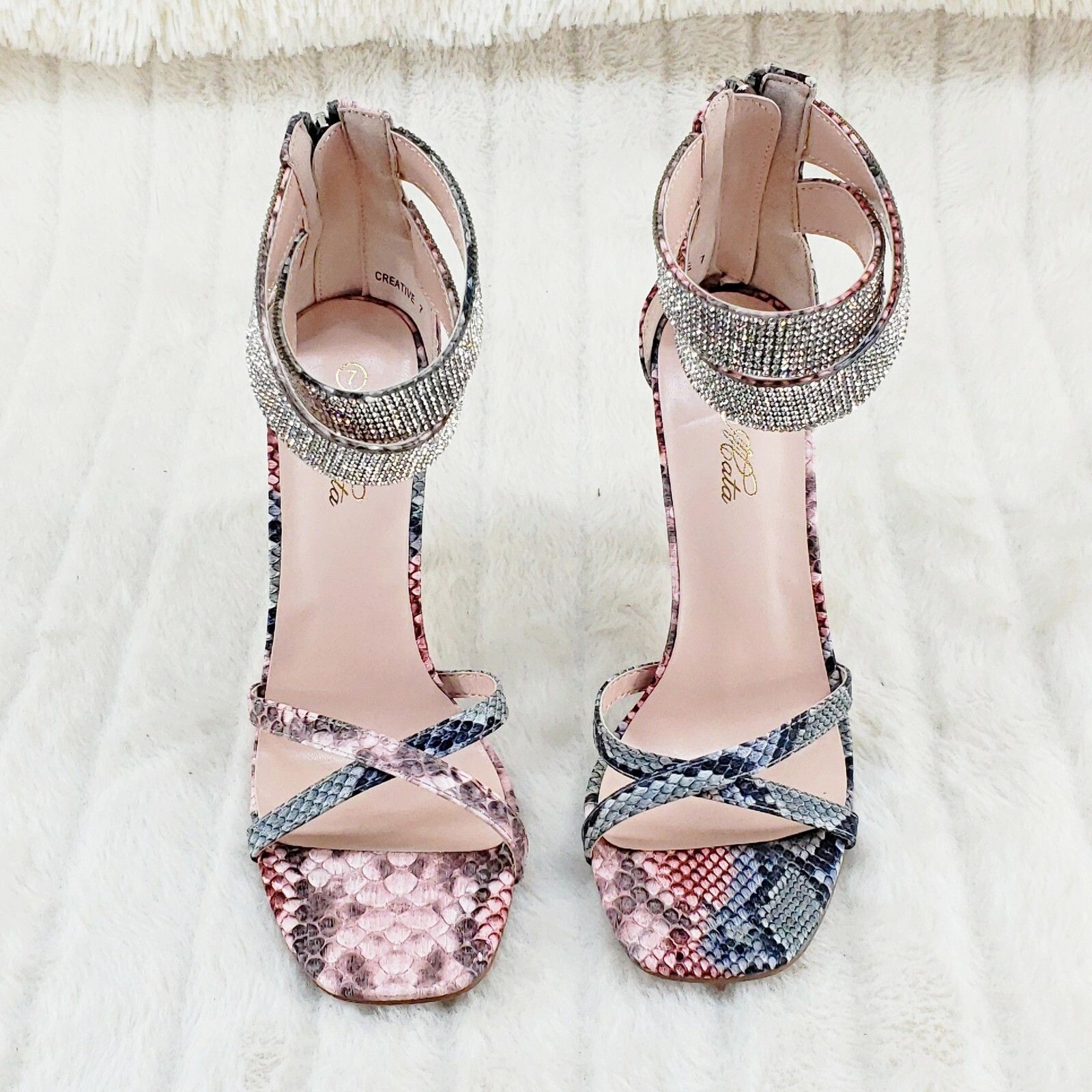 Other Mata Pink Snake Print Rhinestone Double Ankle Strap Closed B Size US 8.5 / IT 38.5 - 7 Thumbnail