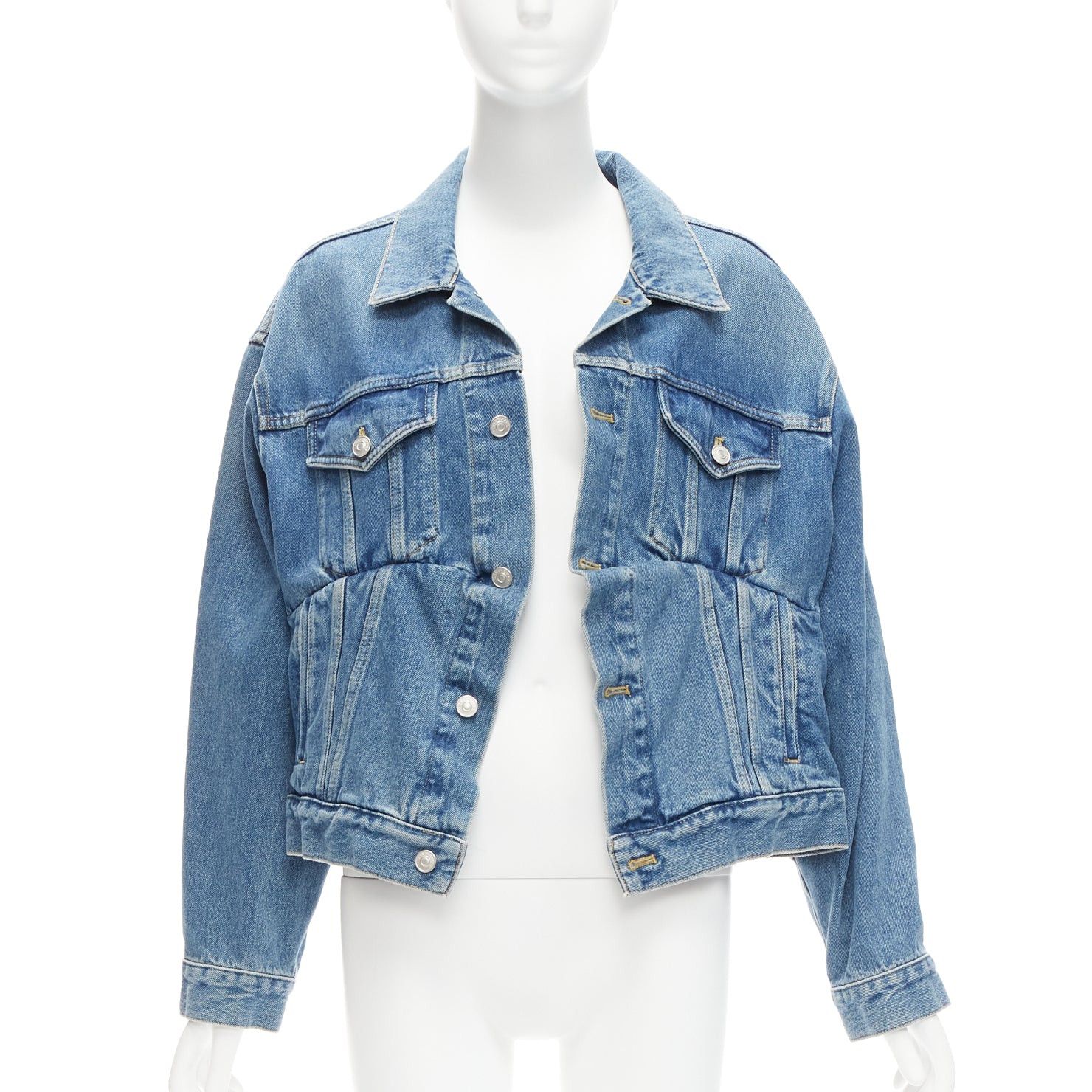 image of Balenciaga 2017 Runway Blue Denim Swing Reconstructed Cropped Jacket Fr36 S, Women's (Size Small)