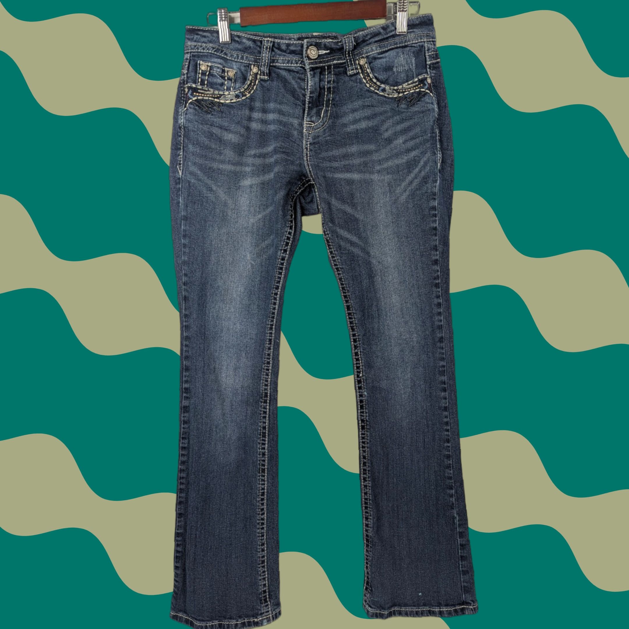Vintage Shyanne Jeans Womens Bootcut Denim 28 Low Rise Embroidery Pocket Flap Button Zipper Blue Cotton Blend Size 28" / US 6 / IT 42 - 1 Thumbnail