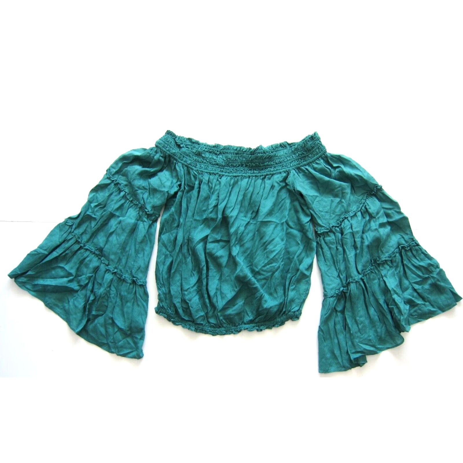Free People Free People Blouse Shirt Green Off Shoulder Cropped XS Women's 3/4 Sleeve Flare Rayon Peasant 90s Decade Size XS / US 0-2 / IT 36-38 - 2 Thumbnail