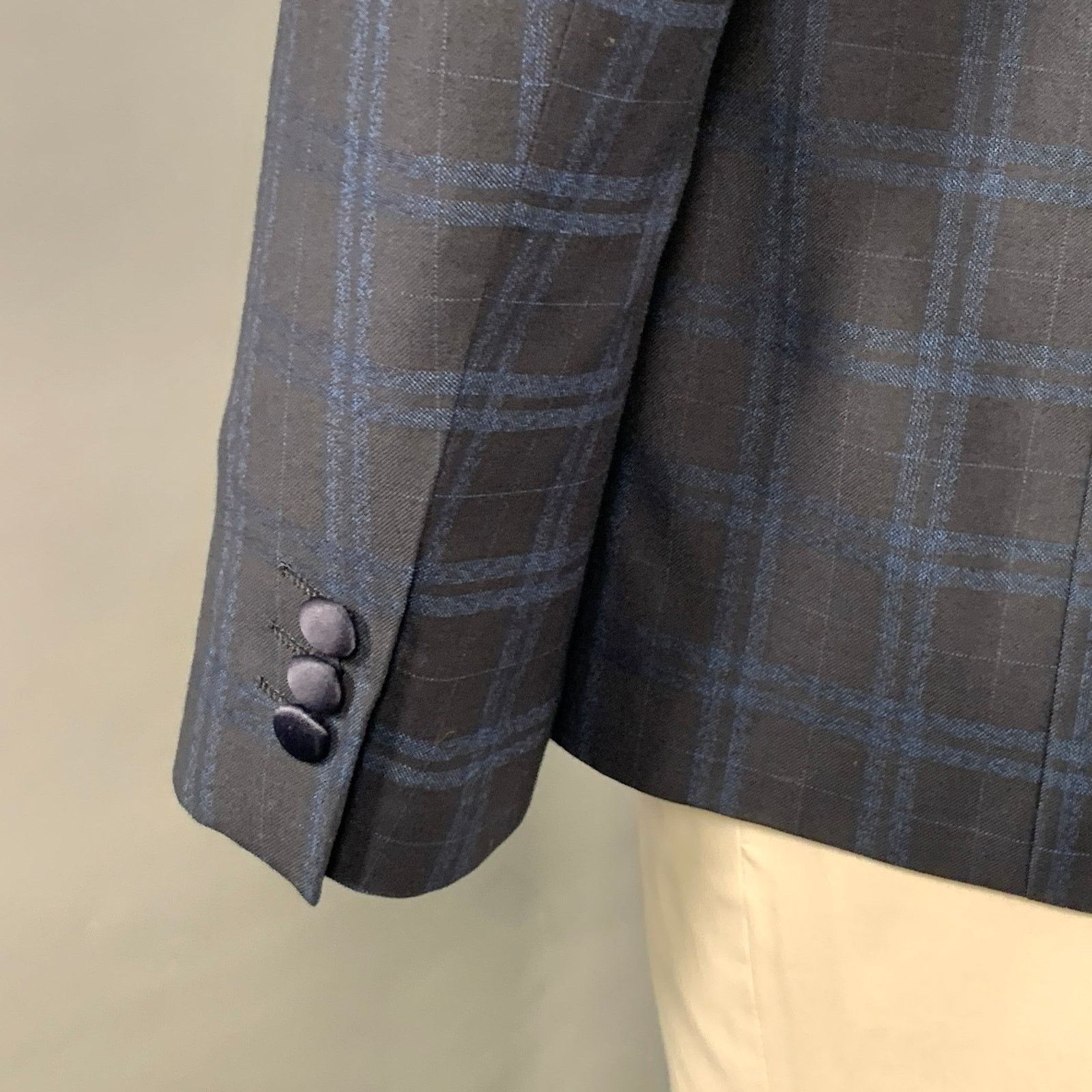 Farah Navy Blue Plaid Polyester Blend Slim Fit Sport Coat Size 42R - 5 Thumbnail
