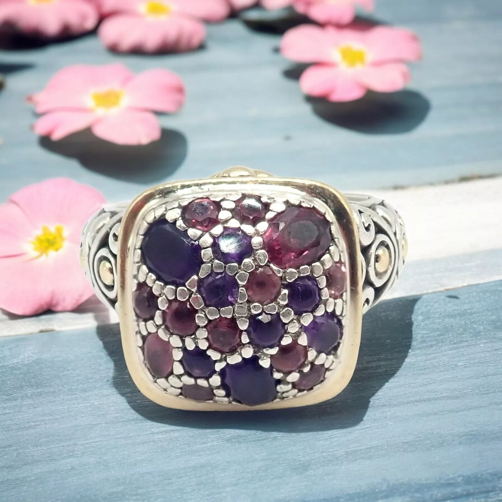 John Hardy Silver 18k Yellow Gold Lava Fire Amethyst Tourmaline Ring Size ONE SIZE - 2 Thumbnail