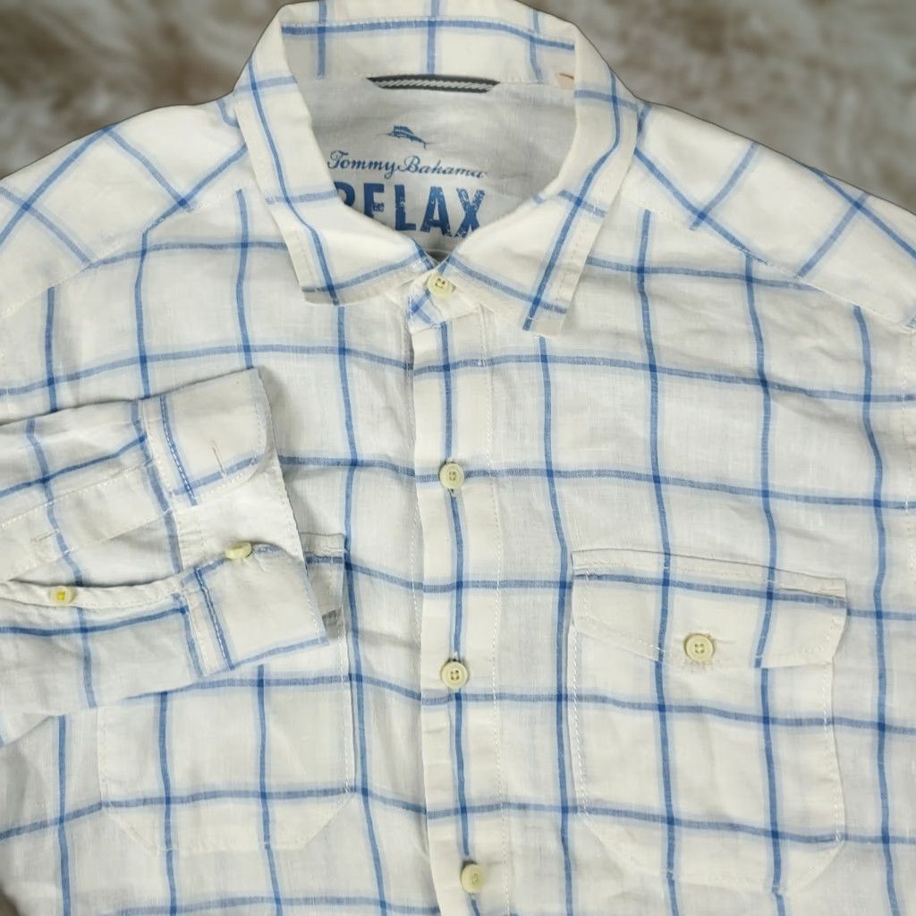 Tommy Bahama VINTAGE Tommy Bahama Shirt Men M Blue Linen Plaid Button-Up Long Sleeve Casual Beach Resort 90s Mens Size US M / EU 48-50 / 2 - 1 Thumbnail