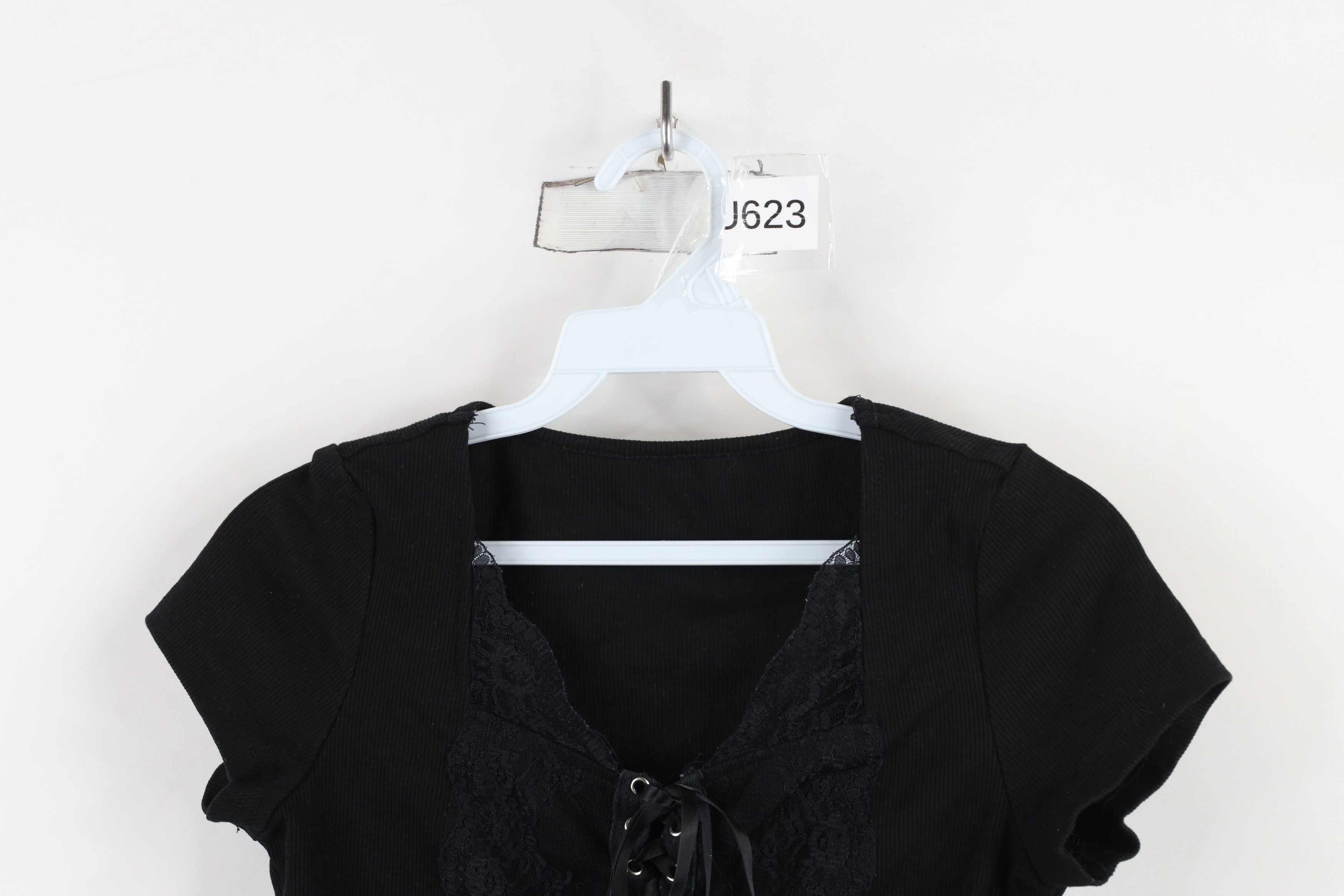 Vintage Vintage 90s Y2K Babydoll Ribbed Lace Tie Bella T-Shirt Black Size L / US 10 / IT 46 - 2 Thumbnail