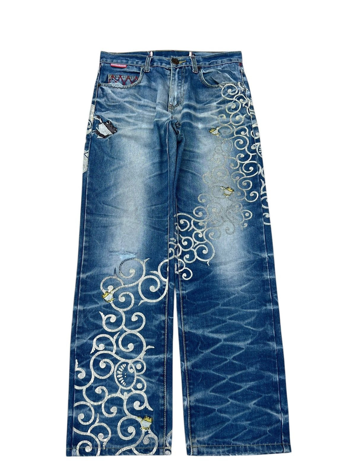 Vintage Dirty Mud SANMARUICHI Distress Frog Embroidery Denim Jeans Size US 30 / EU 46 - 1 Thumbnail