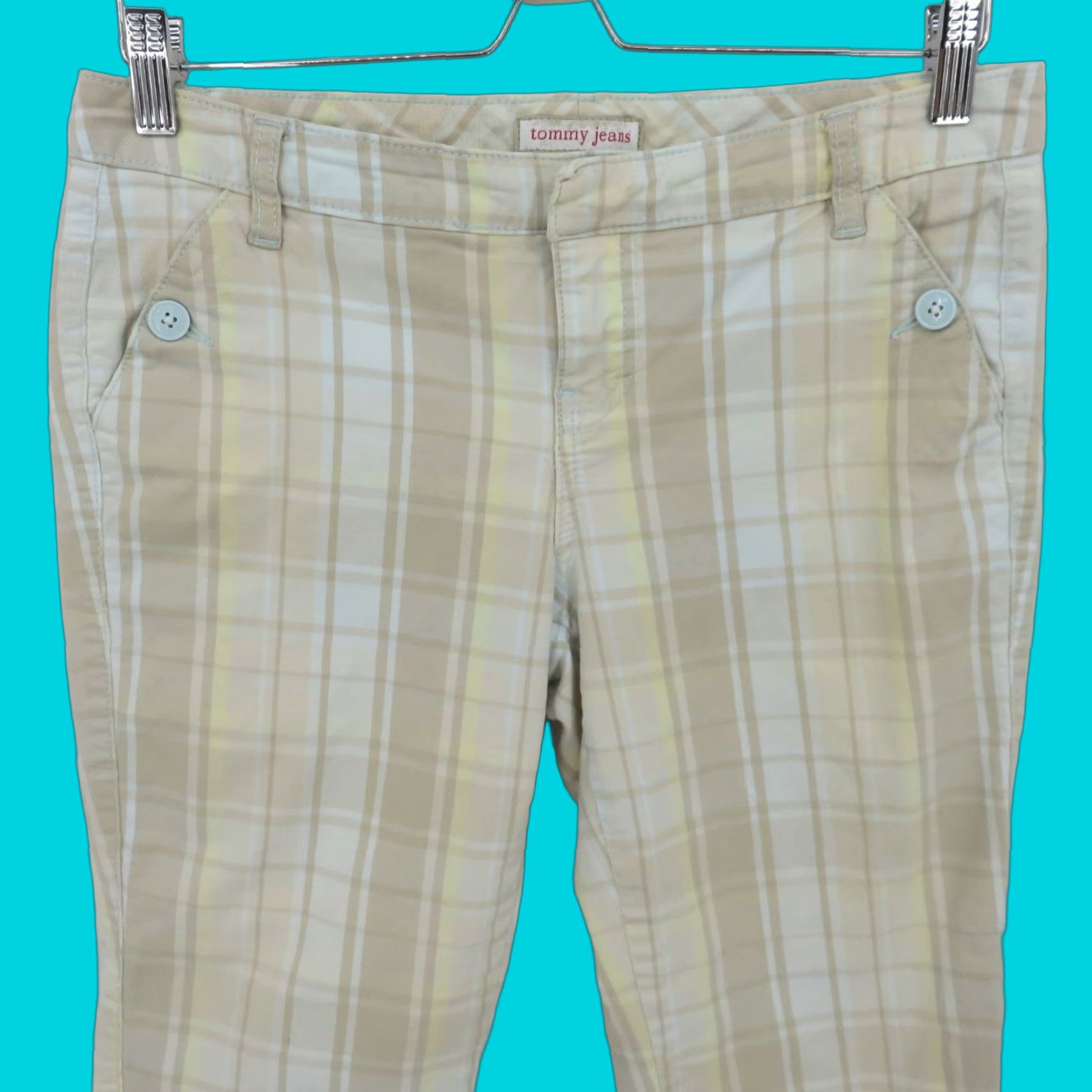 Vintage VINTAGE Tommy Jeans Capri Pants 9 Juniors Women Beige Yellow Blue Plaid Preppy 2005 Y2K Size 30" / US 8 / IT 44 - 1 Thumbnail