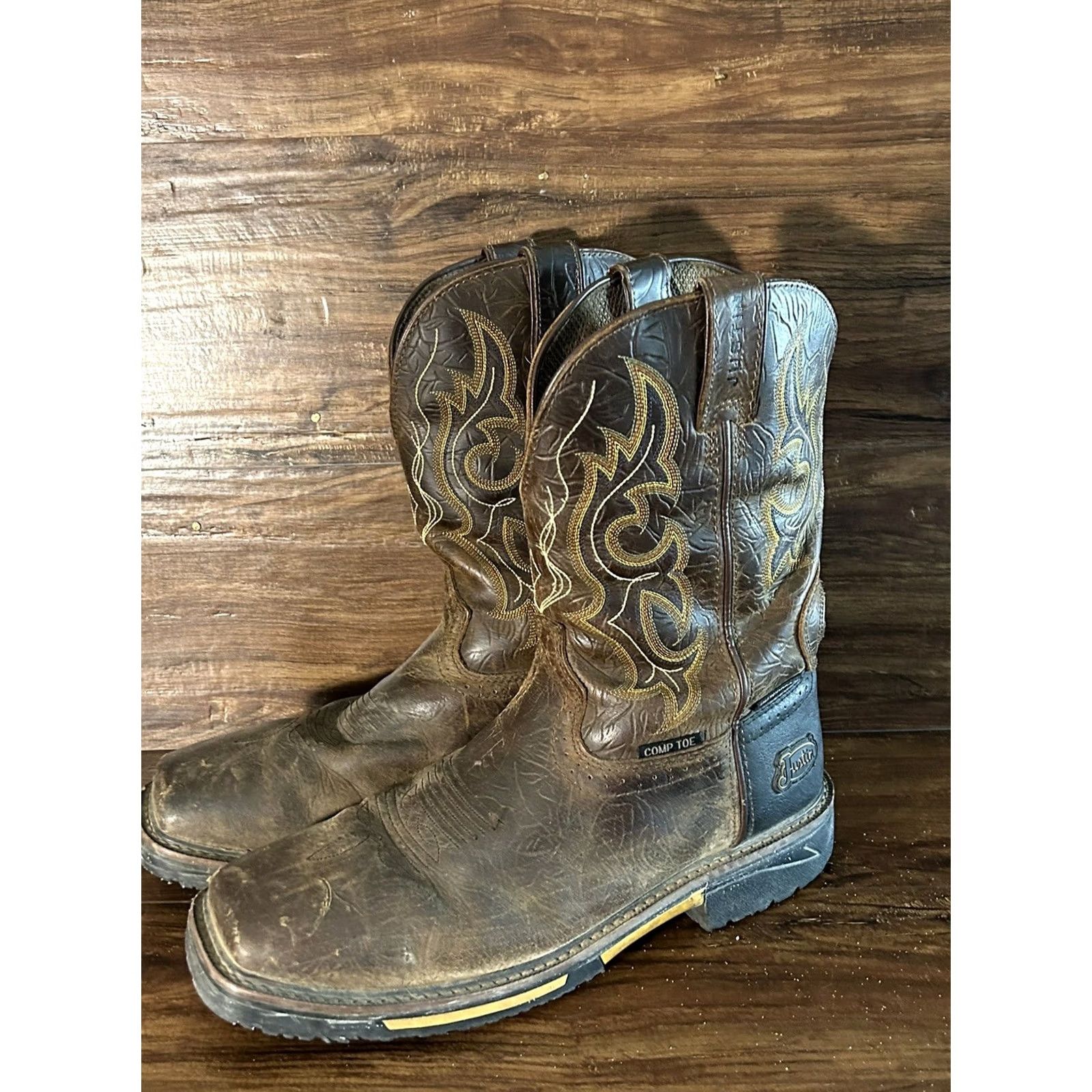 Vintage Justin Joist SE4625 Sz 13 D Rustic Barnwood Workwear Boots Composite Toe Leather Western Mens Shoes Size US 13 / EU 46 - 2 Thumbnail