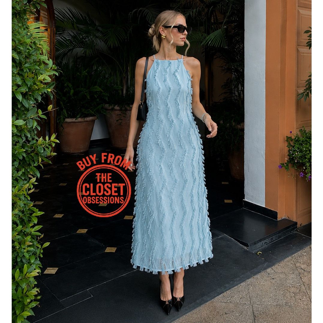 blue fringe dress zara Zara Textured Halter Maxi Vacation Resortwear Colour:Brown Straight neck dress with RTW Wedding Dresses Brunch Birthday Mini Dress
