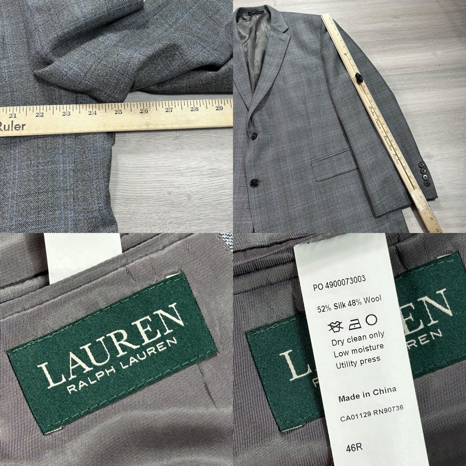 Ralph Lauren VINTAGE Lauren Ralph Lauren Blazer Mens 46R Gray Silk Wool Plaid 2 Button Double Vent Size 46R - 8 Thumbnail