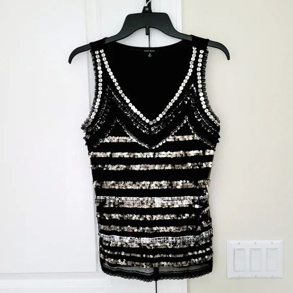 Nine West Black/Silver Sequin-Striped Ruffle Trim V-Neck Tank Glam Size M / US 6-8 / IT 42-44 - 6 Thumbnail