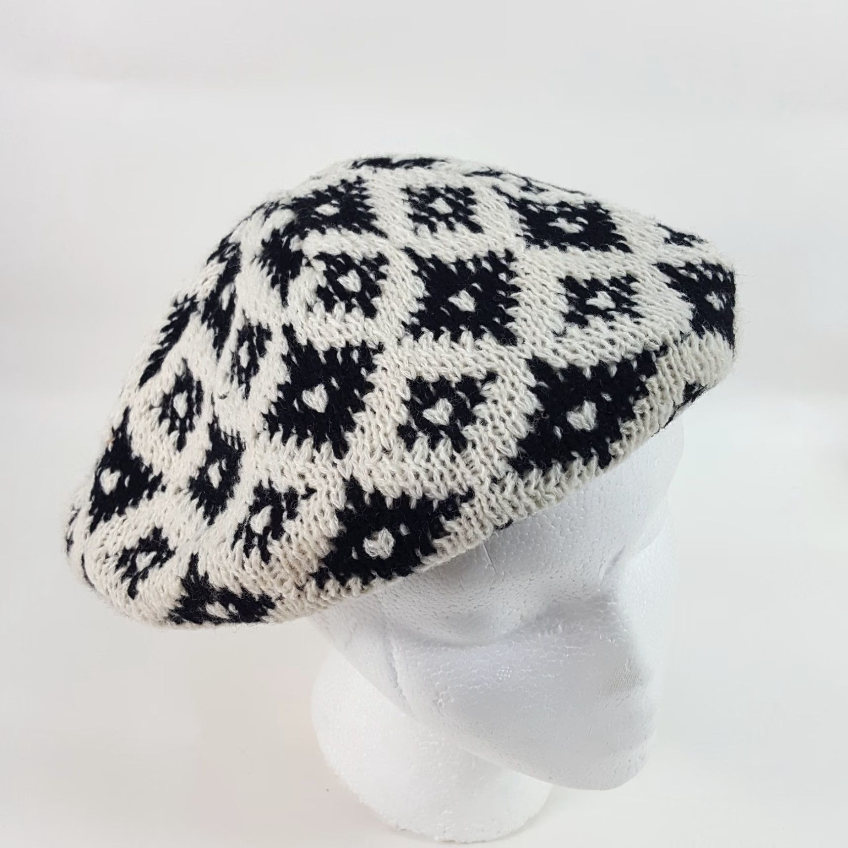 Vintage VINTAGE Vintage 80s Knit Wool Cream Diamond French Beret Warm Winter Hat Womens One Size Size ONE SIZE - 3 Thumbnail