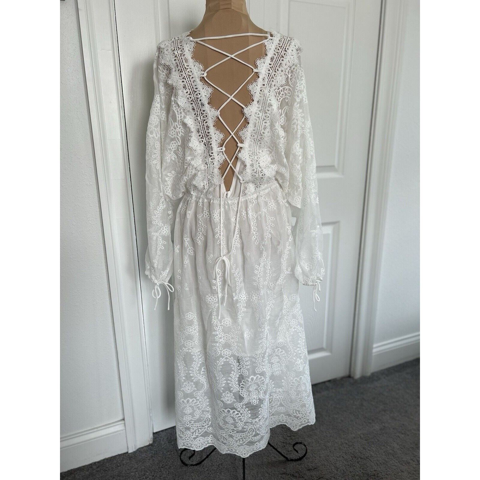 Designer Endless Rose Womens Lace White Midi Dress Long Dolman Sleeve Size L / US 10 / IT 46 - 5 Thumbnail