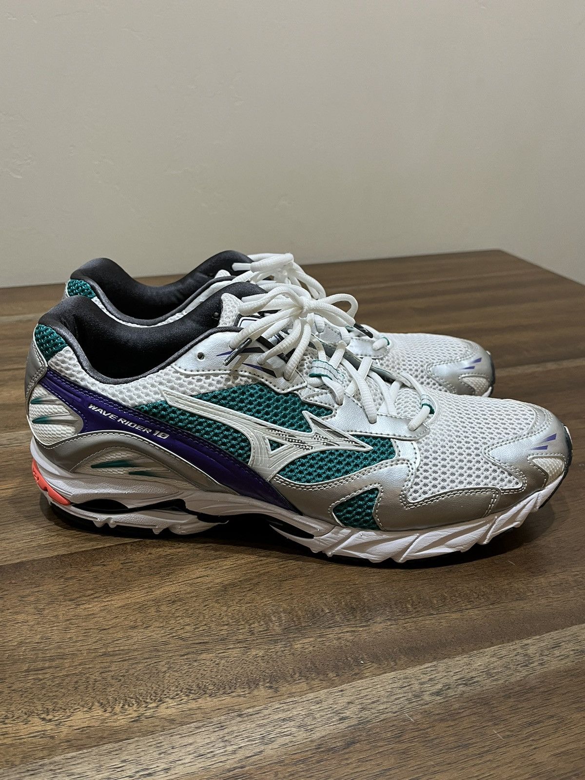 Mizuno Mizuno Wave Rider 10 White Silver Teal Blue SZ 12 Grailed