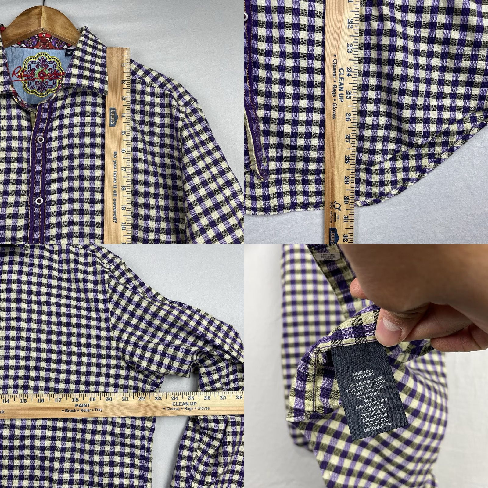 Robert Graham Robert Graham Shirt Mens Large Purple Check Button-Up Fold Flip Cuff Stained Glass Contrast Trim Button Size US L / EU 52-54 / 3 - 8 Thumbnail