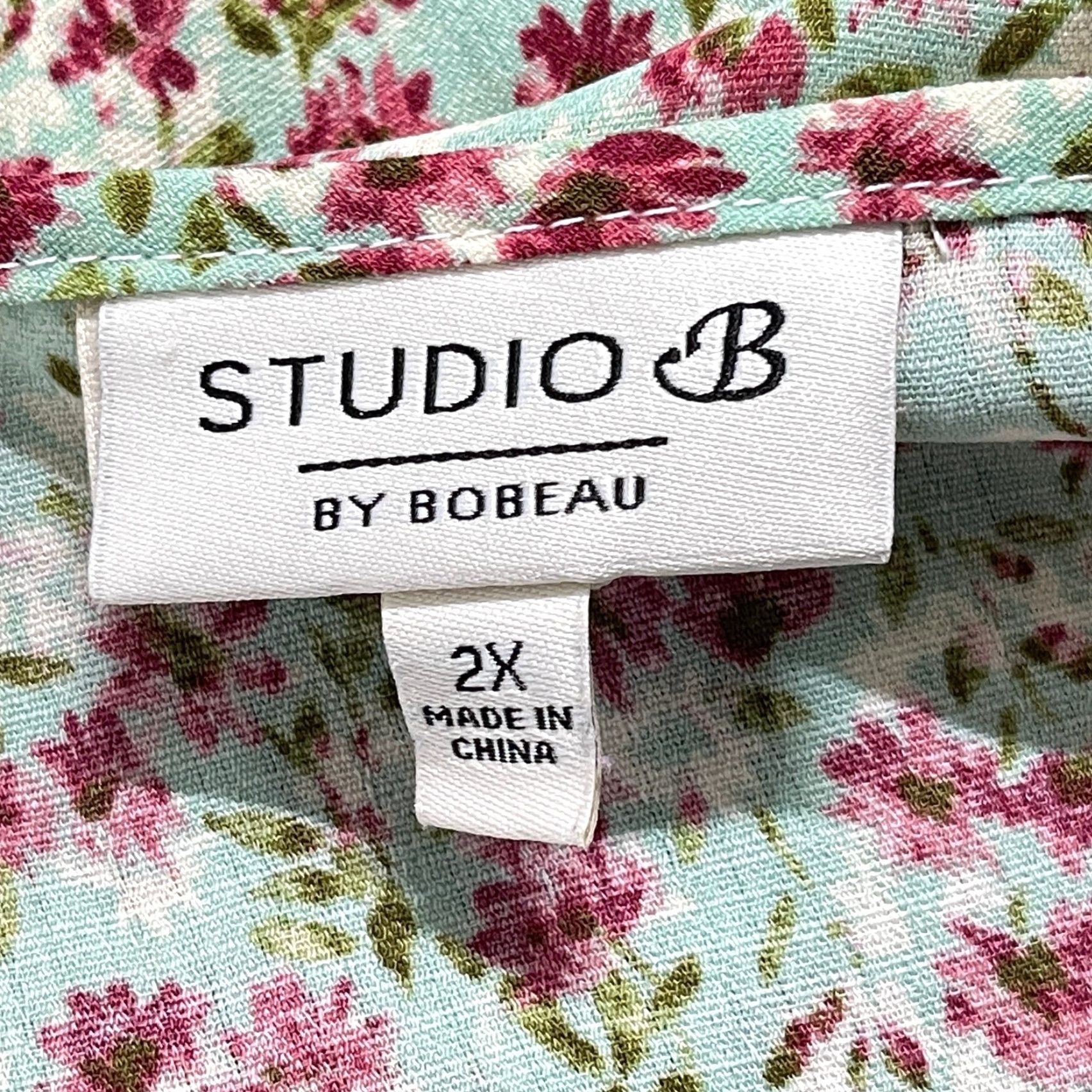 Vintage Bobeau Shirt Plus 2X Green Pink Ditsy Floral Twist Front Cottage Bohemian Size XXL / US 16-18 / IT 52-54 - 4 Thumbnail