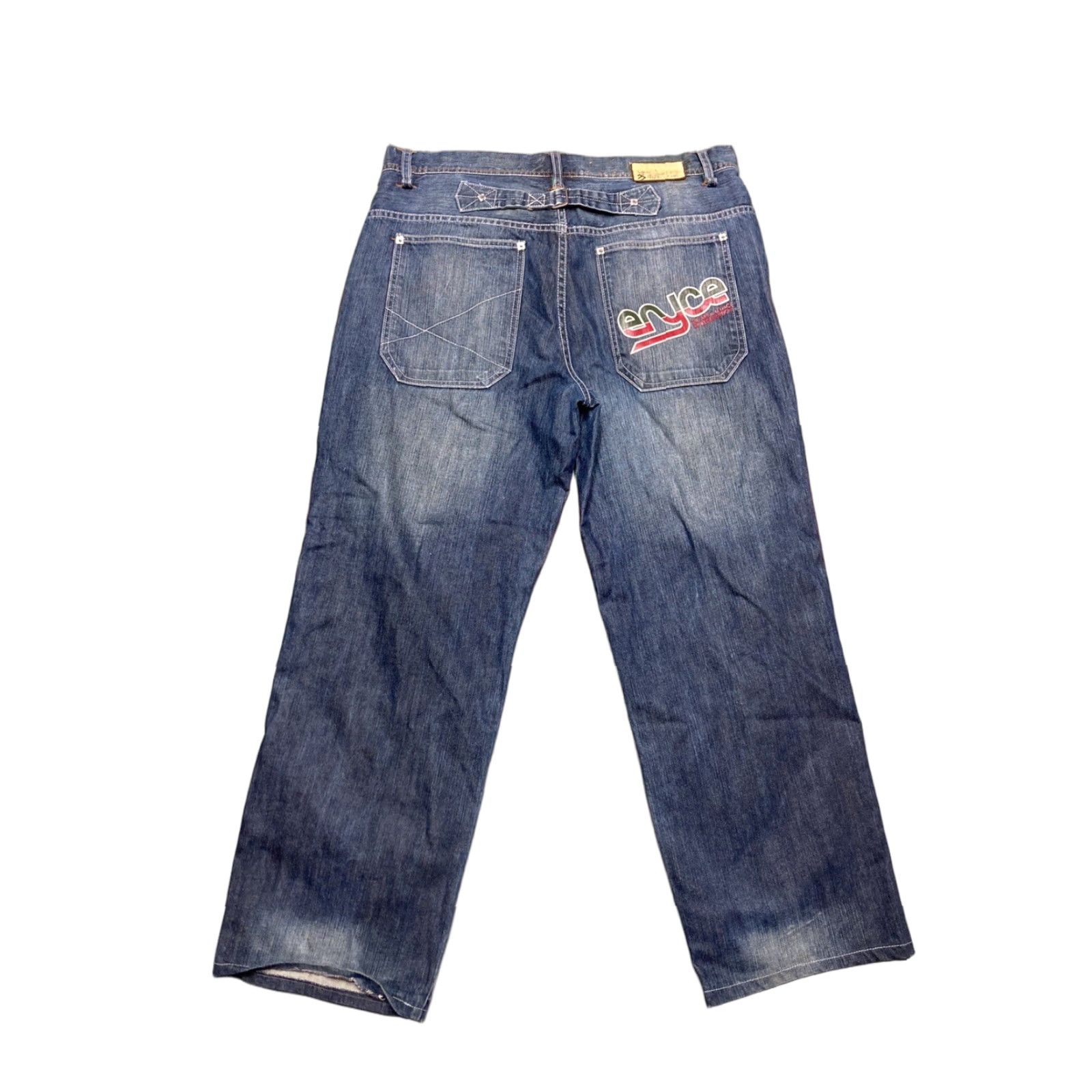 VINTAGE enyce Jeans Baggy Skater Wide-Leg Dark Buckleback 38x31 Mens Jeans Blue 90s