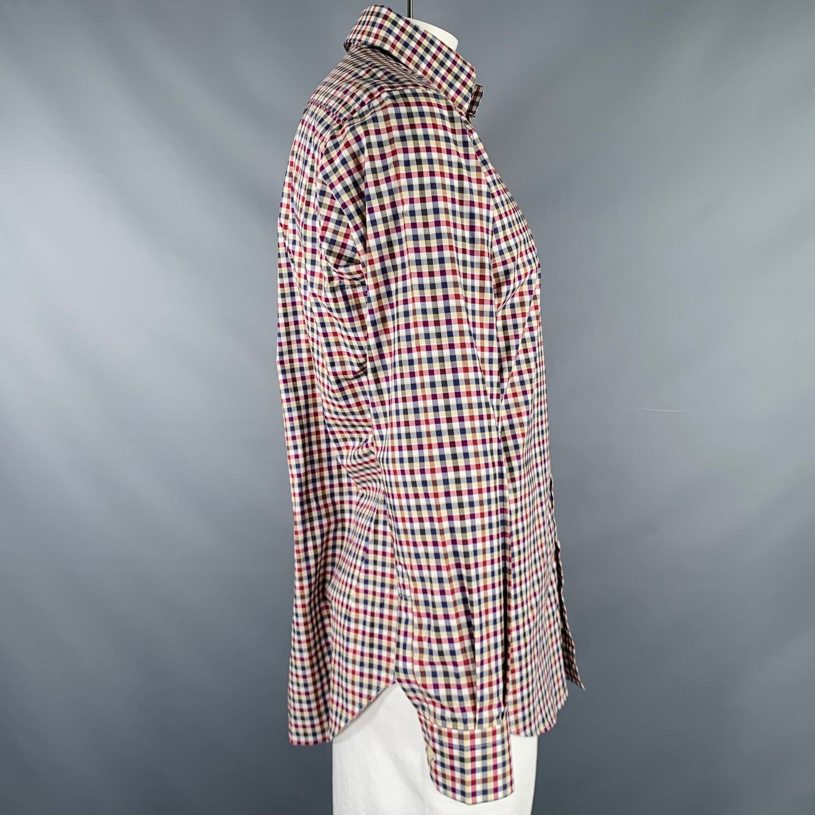 Etro L Navy Burgundy Checkered Cotton Button Up Long Sleeve Shirt Size US L / EU 52-54 / 3 - 3 Thumbnail