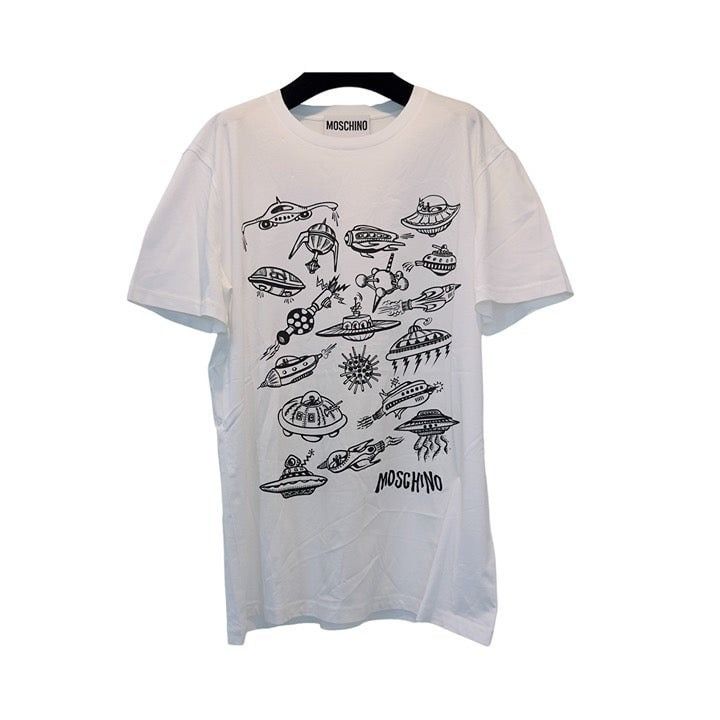 image of Moschino Logo Alien Ufo White T Shirt, Men's (Size XL)