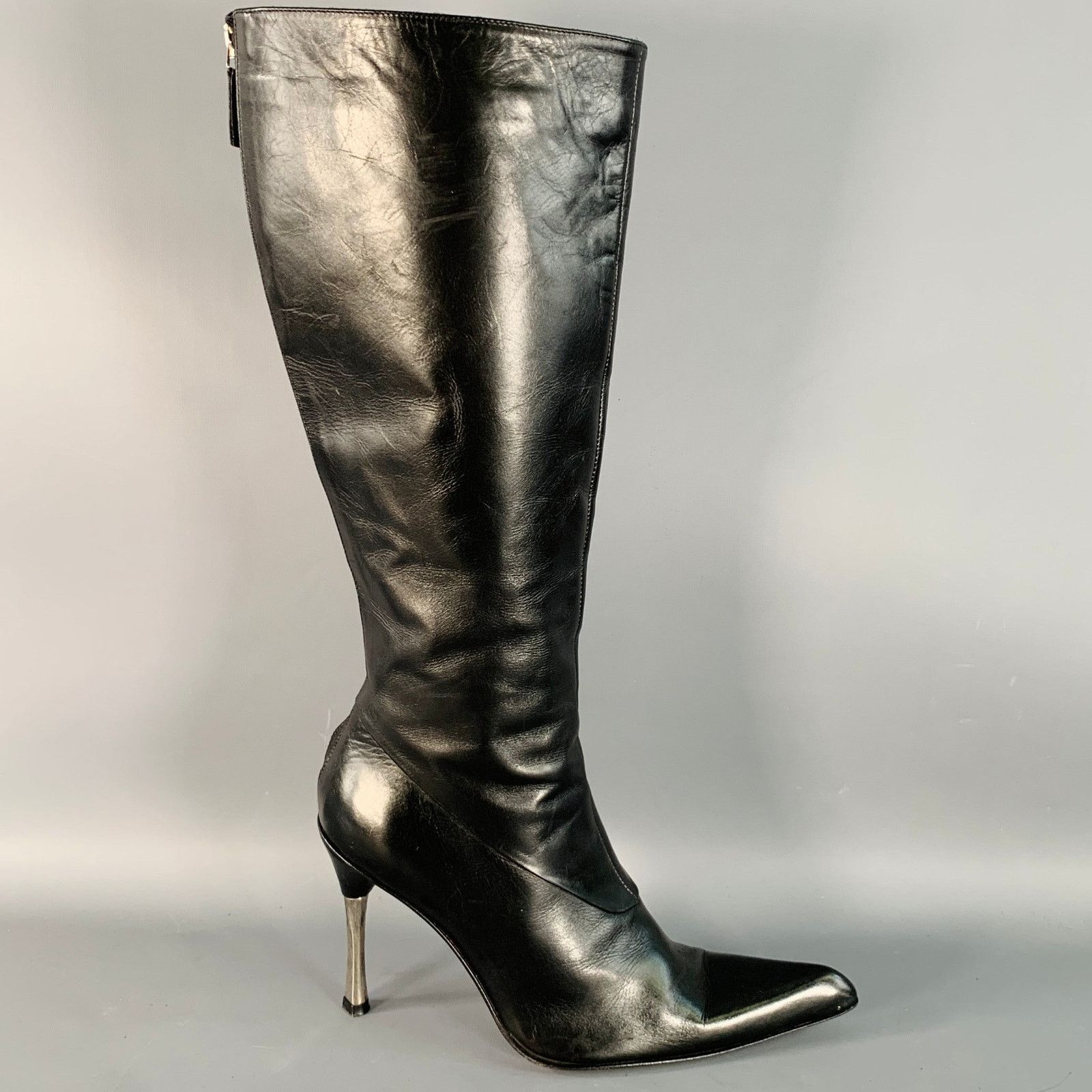 Les Copains 7 Black Silver Leather Back Zipper Calf High Stiletto Boots Size US 7 / IT 37 - 2 Thumbnail