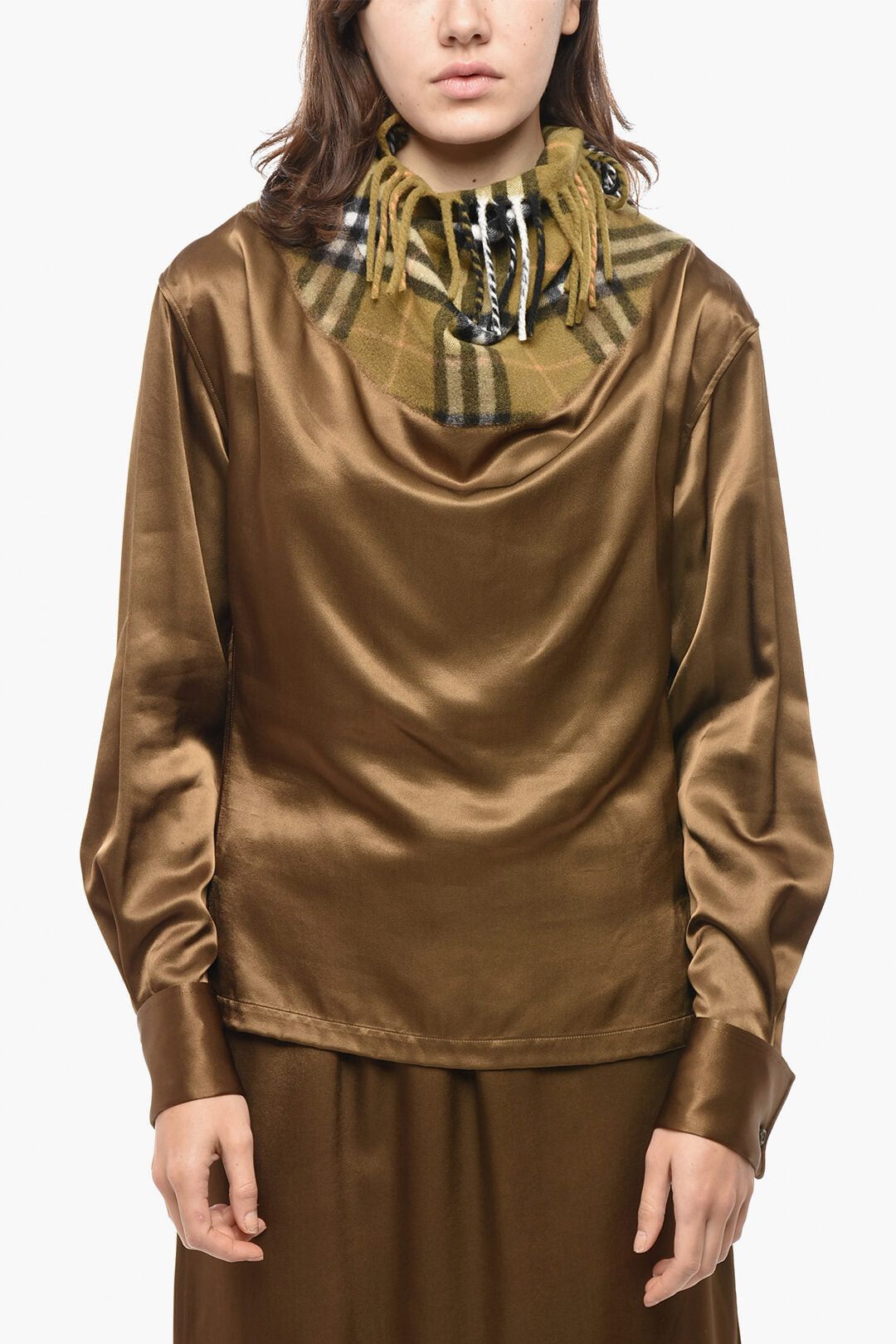 Burberry Satin Blouse with Scarf Detail in Tartan Pattern Size M / US 6-8 / IT 42-44 - 1 Thumbnail