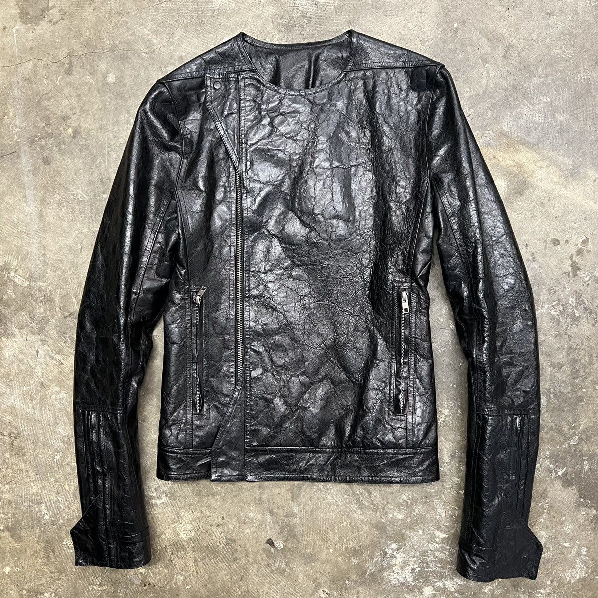 image of Rick Owens Ss 2014 Vicious Textured Leather Biker Jacket in Black, Men's (Size Small)