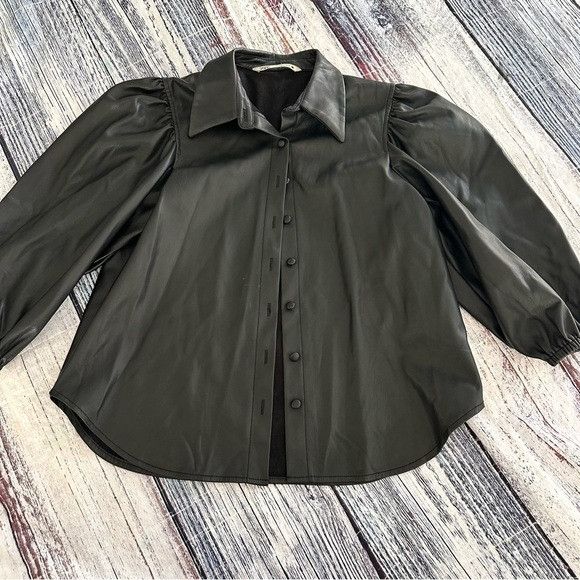 Zara Zara Black Faux Leather Puff-Sleeve Button-Down Shirt Size M / US 6-8 / IT 42-44 - 2 Thumbnail